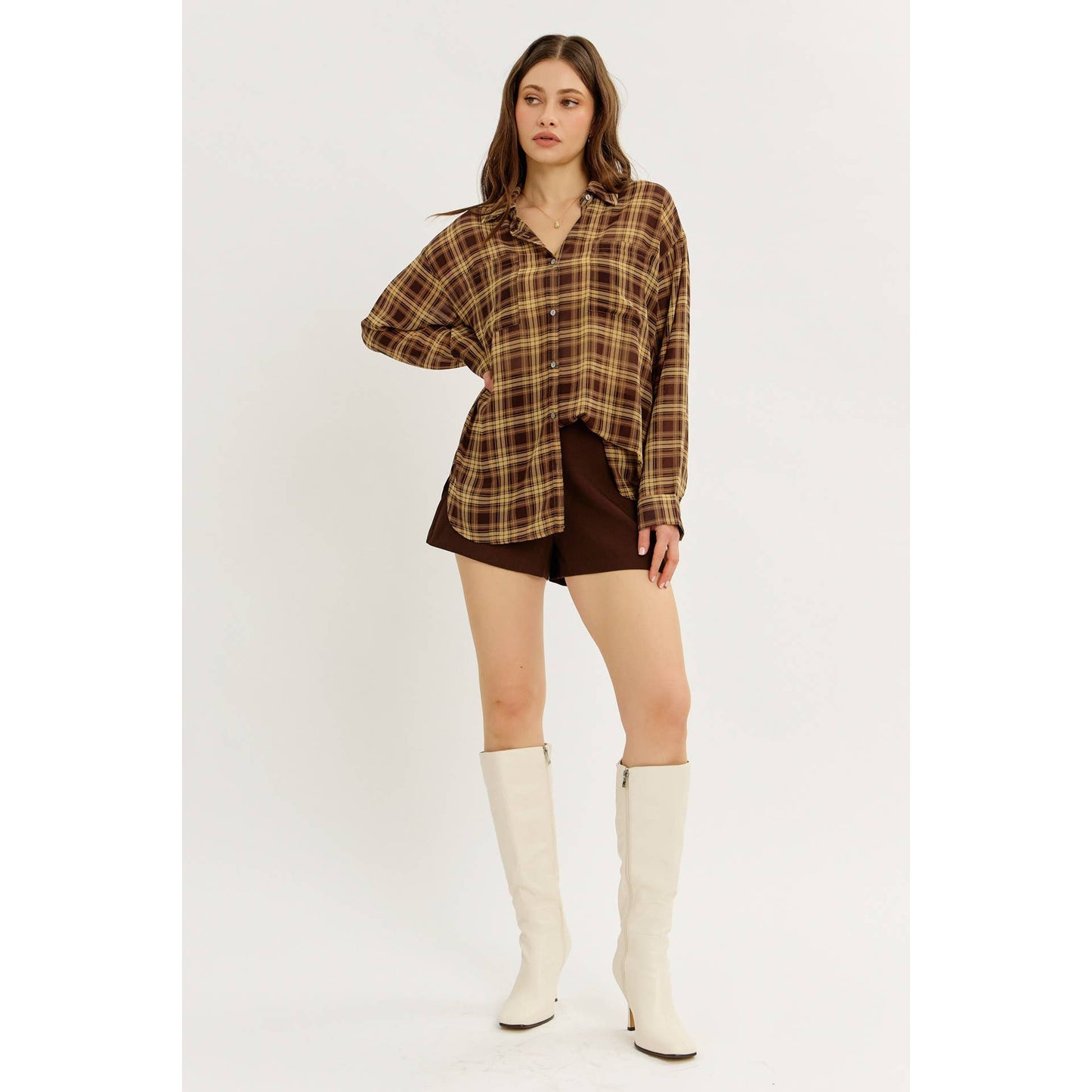 idem ditto - EDGY TRANSPARENT SHEER PLAID CHIFFON BUTTON-DOWN SHIRT