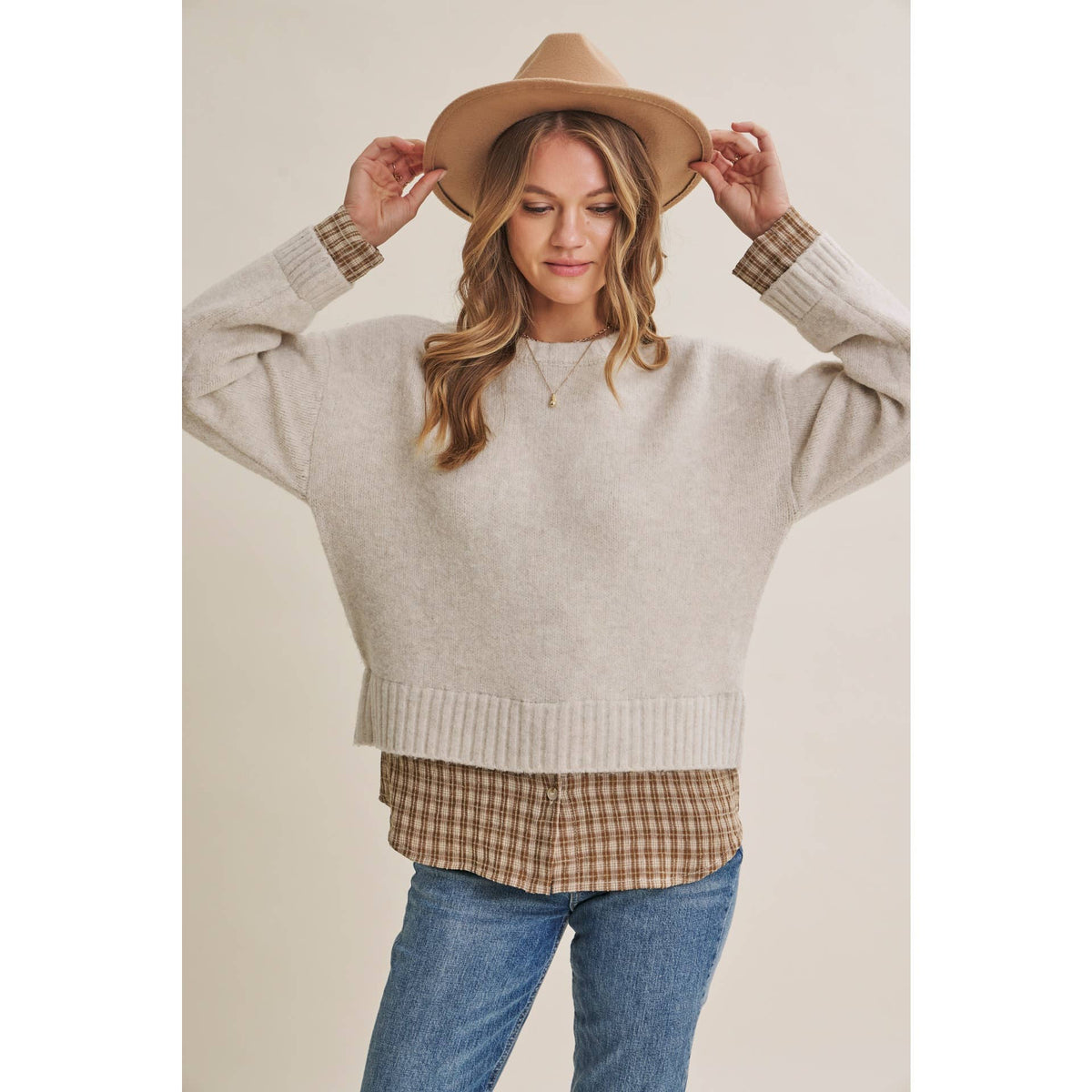 in february - COUNTRY ROAD LAYERED PLAID HEM TWOFER SWEATER TOP