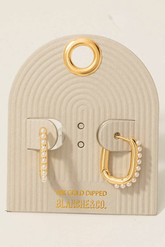 Fame Accessories - Gold Dipped Pearl Studded Rectangle Hoop Earrings