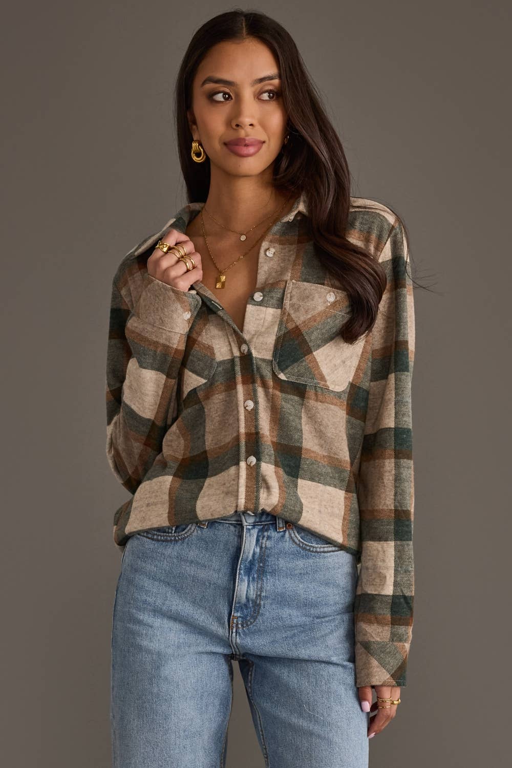 Panache Apparel Co. - Tan, Dk. Green & Rust Plaid Button Up