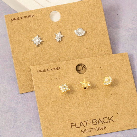 Fame Accessories - Gold Dipped 3Pc Hoop And Cz Flat Back Stud Earrings Set