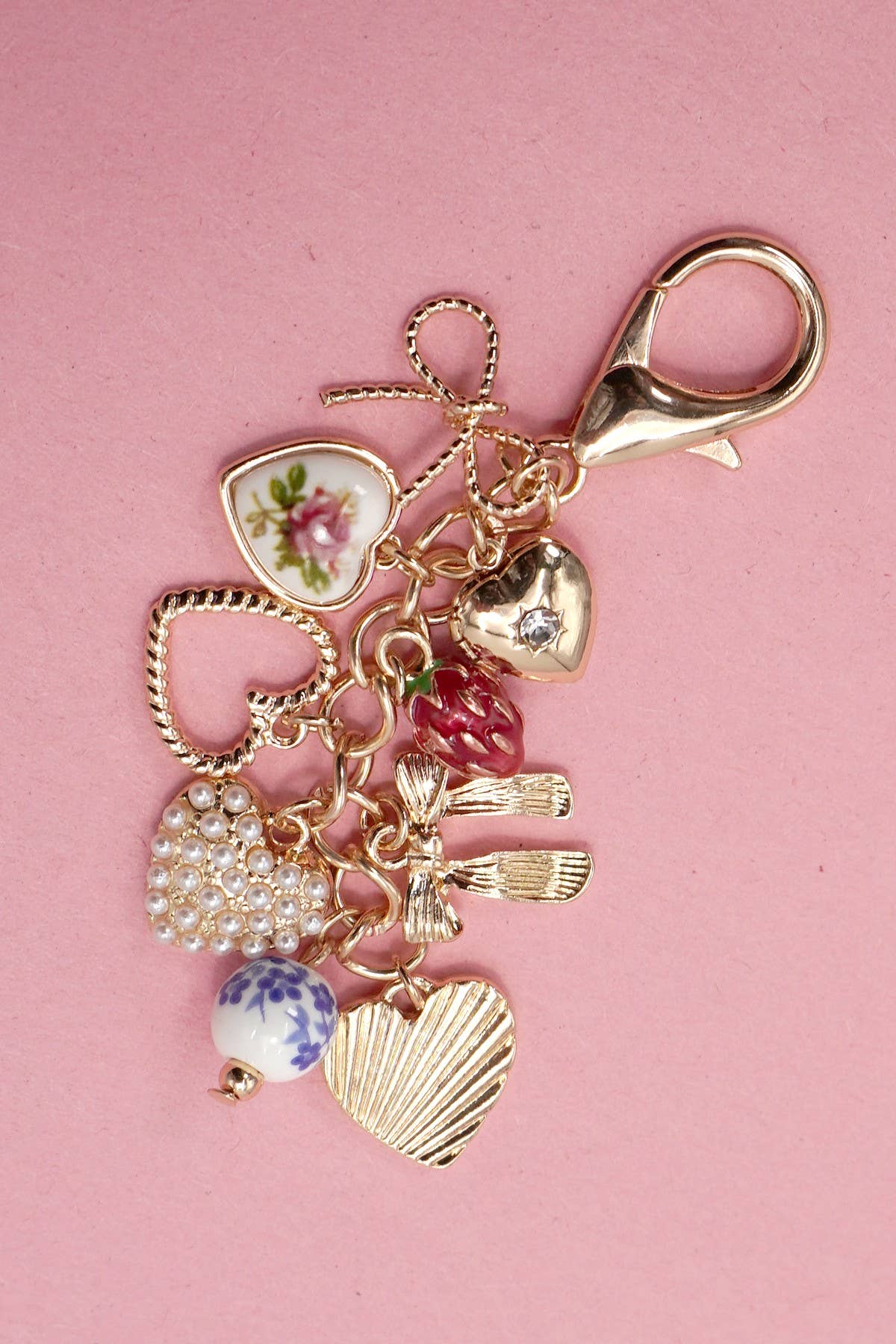 JOSSLYN by wall to wall - PORCELAIN BOWS HEARTS PEARL STRAWBERRY BAG CHARM