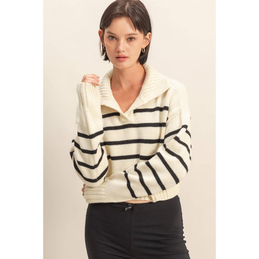 HYFVE - Ribbed Collar Striped Crop Sweater