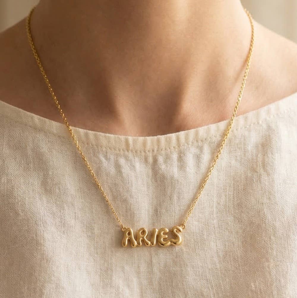 Fame Accessories - Gold Dipped Zodiac Bubble Letter Bar Necklace