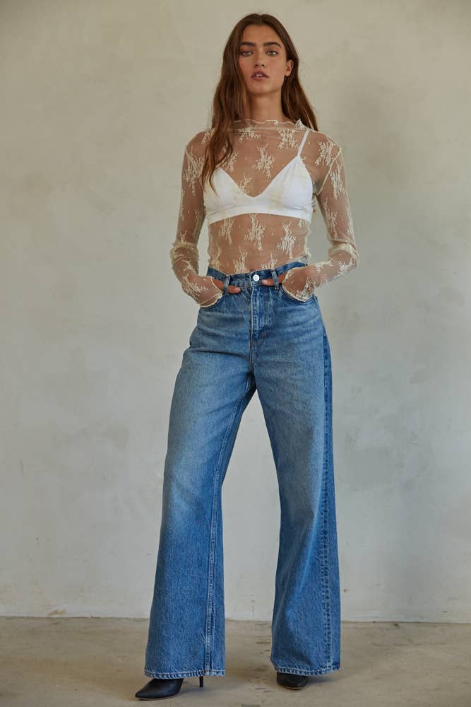 By Together - Knit Jacquard Lace Long Sleeve Mock Neck Top