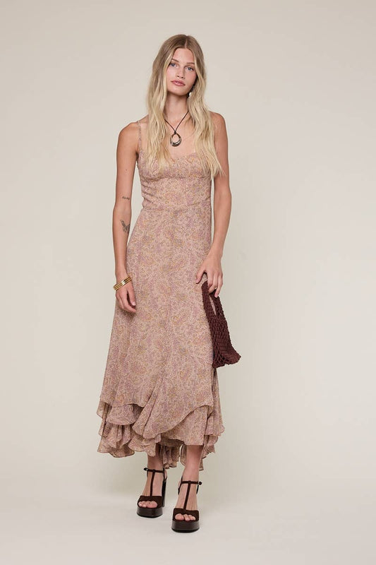 Sky to Moon - BROWN PAISLEY HIGH-LOW RUFFLE DOWN MIDI DRESS