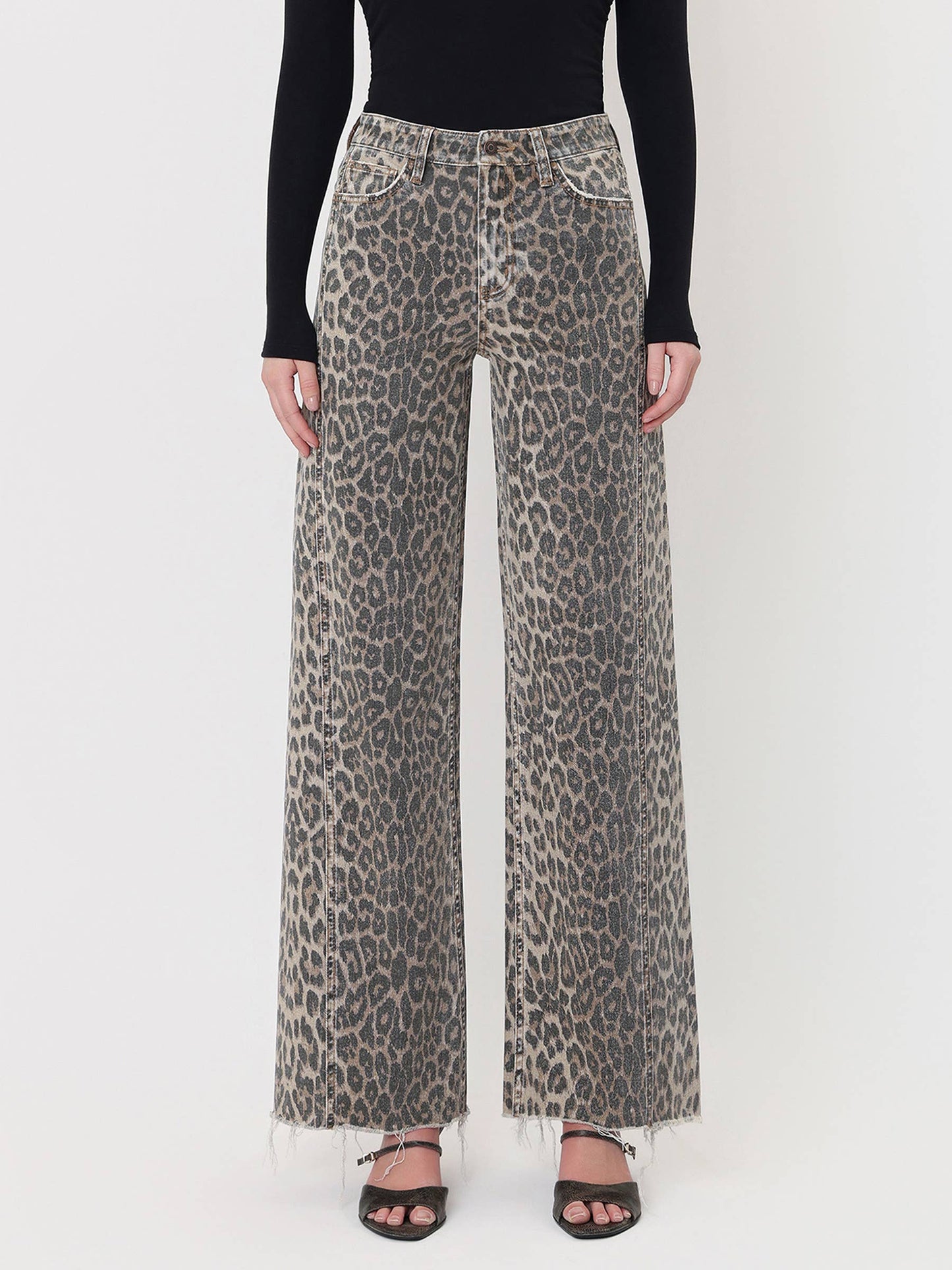 FLYING MONKEY - HIGH RISE SIDE SEAM DETAIL LEOPARD WIDE LEG JEANS