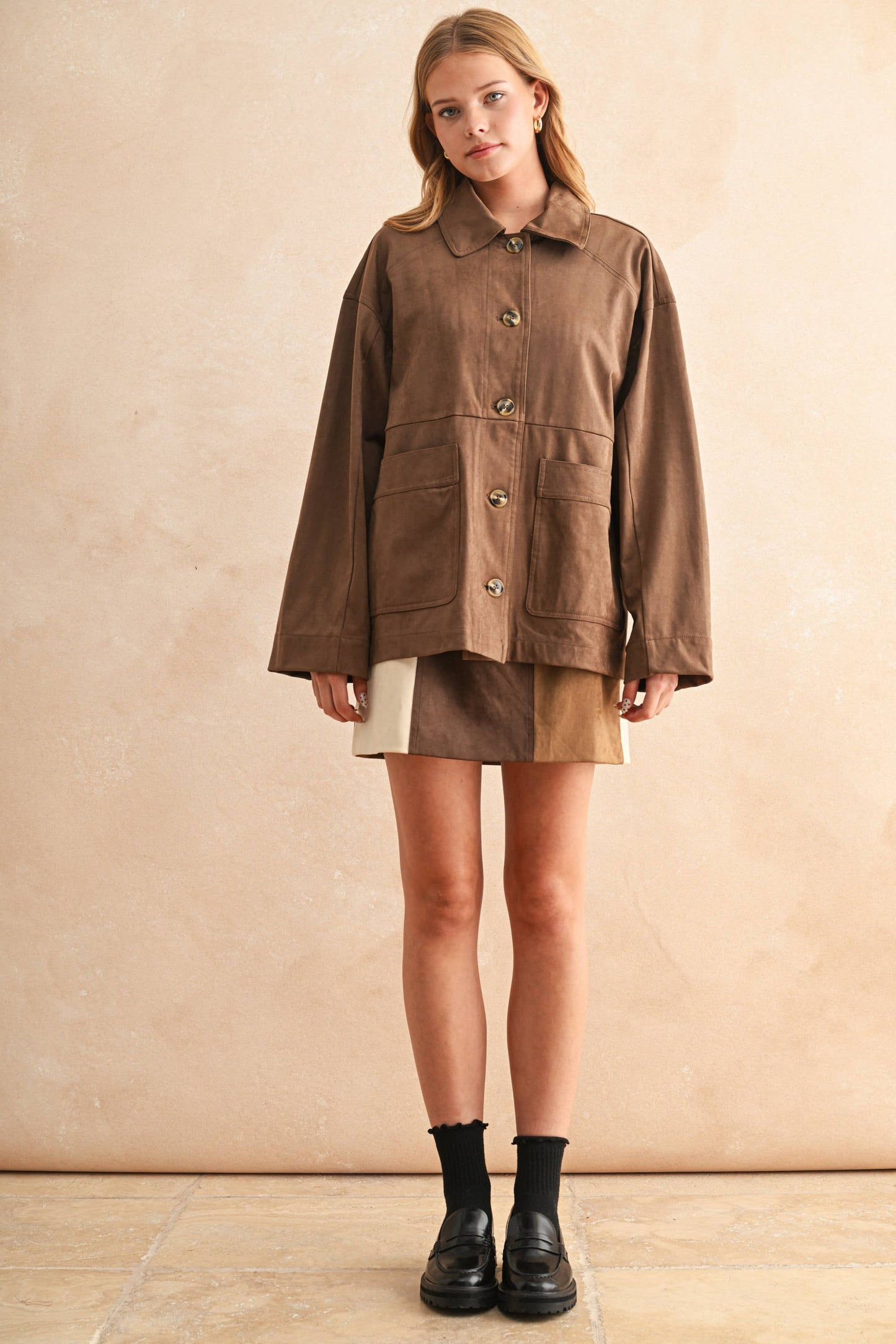 MIOU MUSE - PATCH WORK EFFECT SUEDE SKIRT