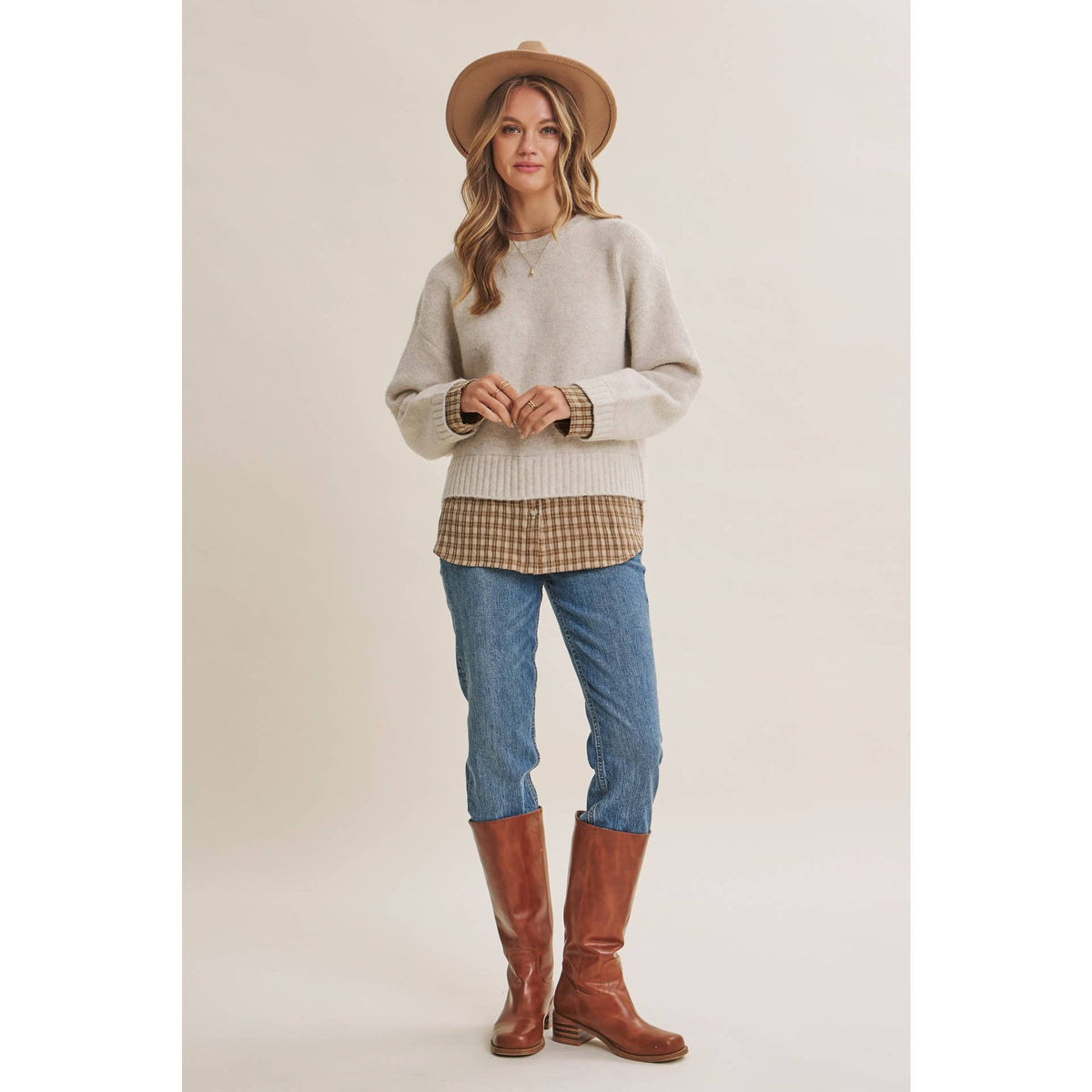 in february - COUNTRY ROAD LAYERED PLAID HEM TWOFER SWEATER TOP
