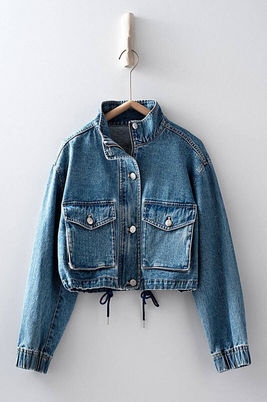 Urban Daizy - Utility Cropped Drawstring Hem Stand Collar Denim Jacket