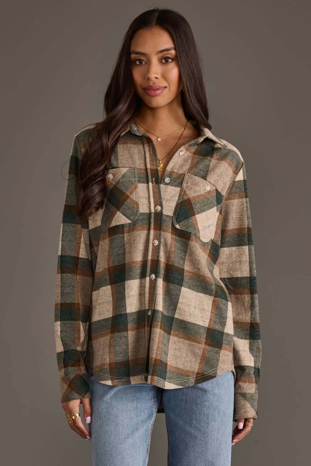 Panache Apparel Co. - Tan, Dk. Green & Rust Plaid Button Up