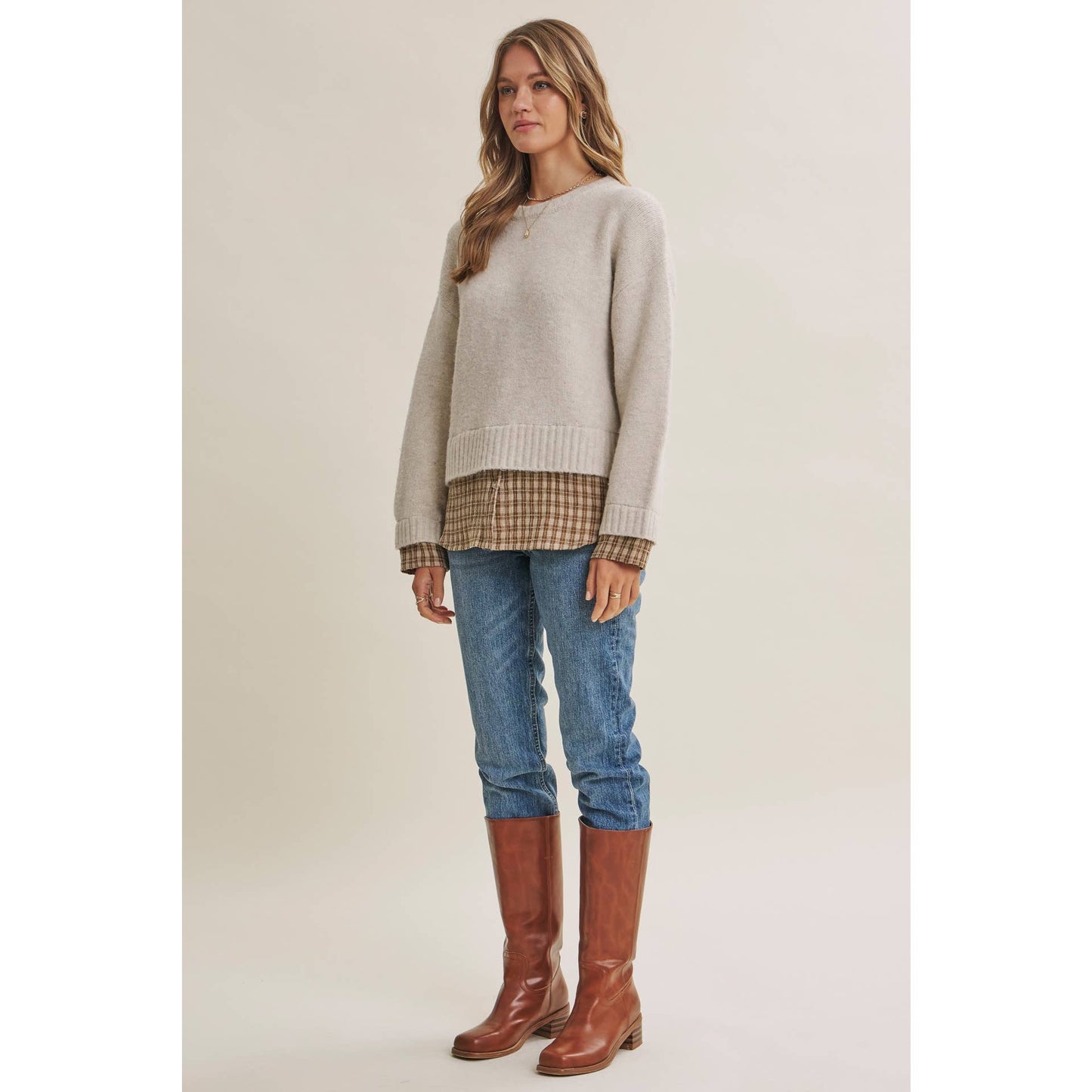 in february - COUNTRY ROAD LAYERED PLAID HEM TWOFER SWEATER TOP