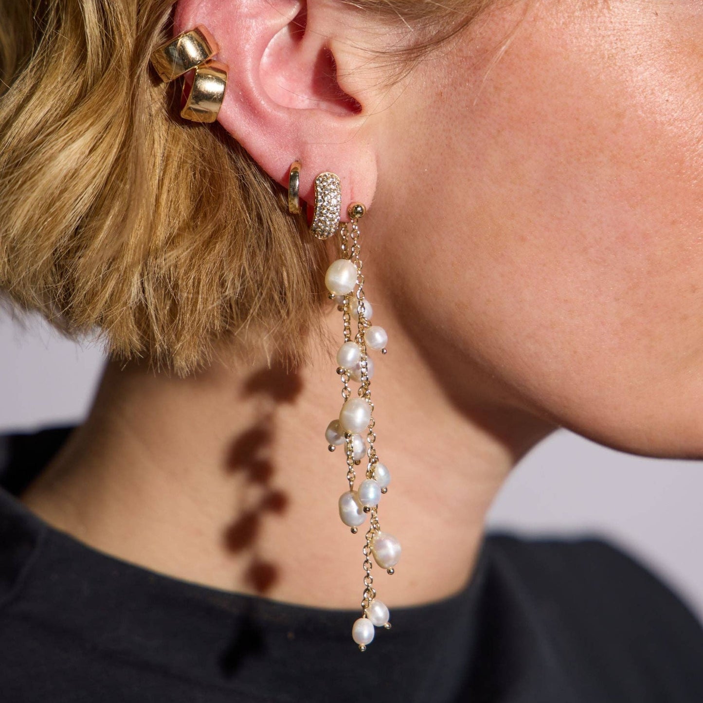 Nickel and Suede - Pearl Cascade Drop Stud earrings