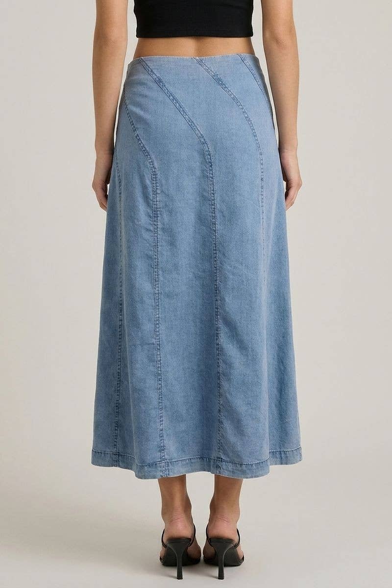 Doe and Rae - DENIM DIAGONAL LINE DETAIL MIDI SKIRT - 6640S