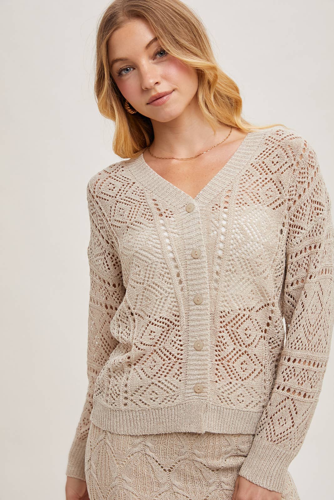 Bluivy - OPEN KNIT BUTTON DOWN V-NECK CARDIGAN