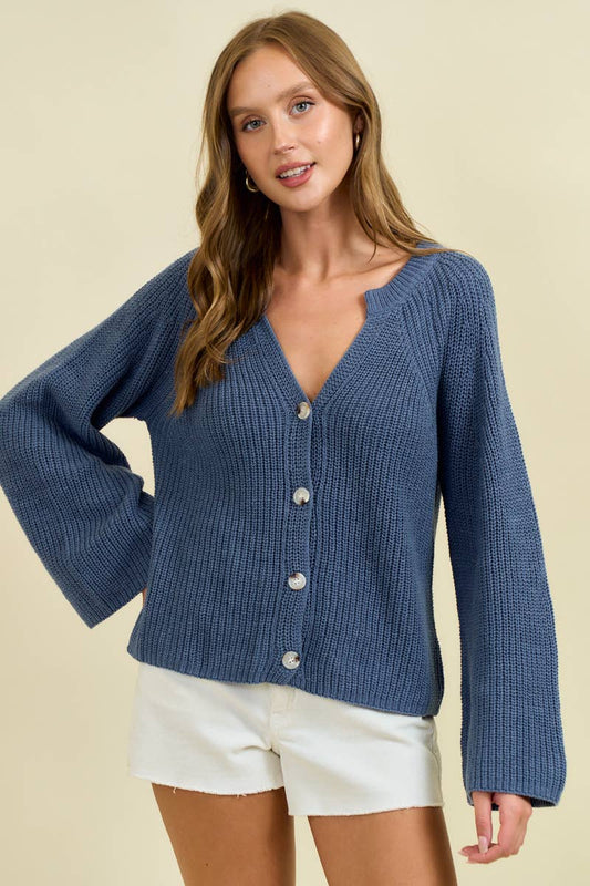 Doe and Rae - BLOUSON SLEEVE RBBED CARDIGAN W/ BUTTONS