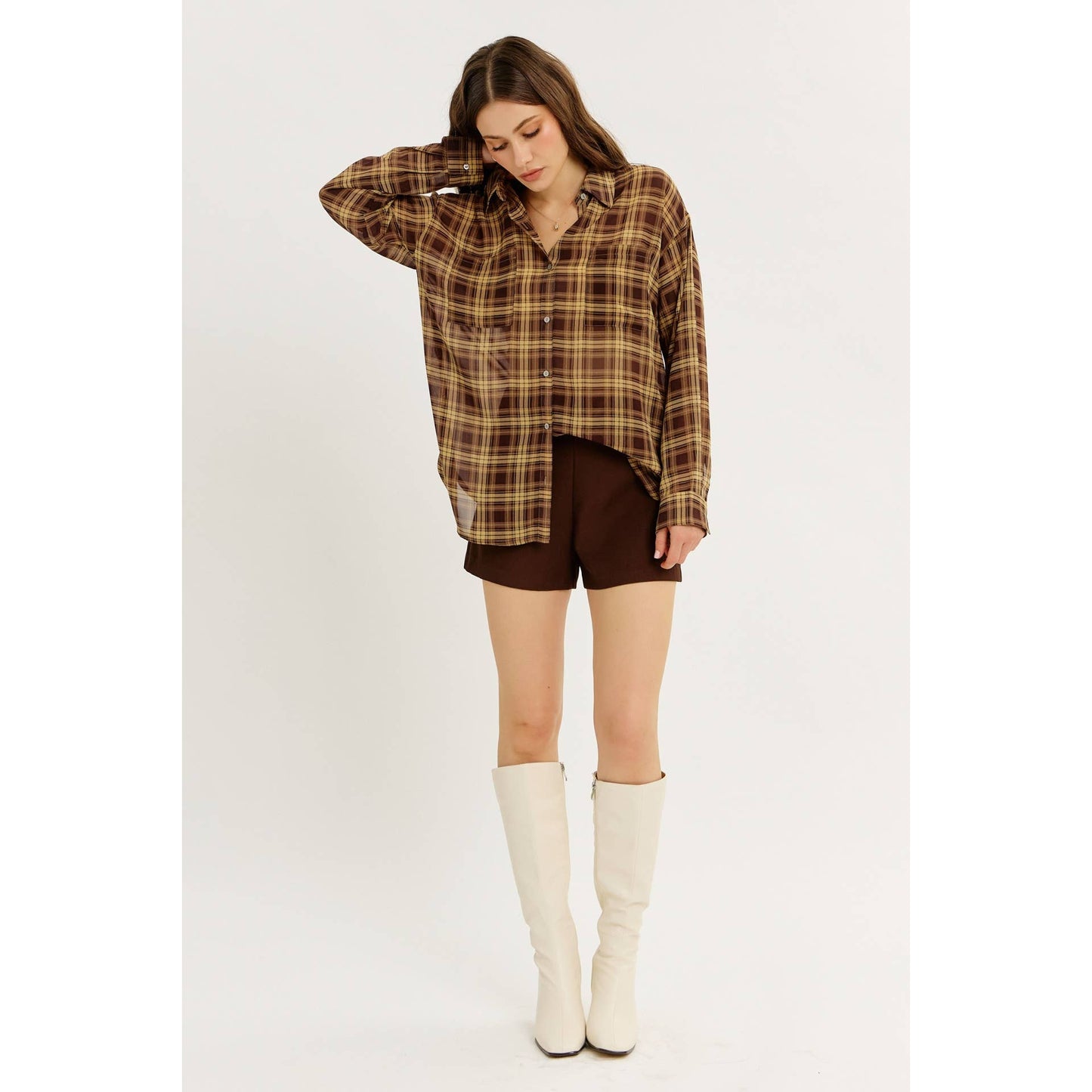 idem ditto - EDGY TRANSPARENT SHEER PLAID CHIFFON BUTTON-DOWN SHIRT