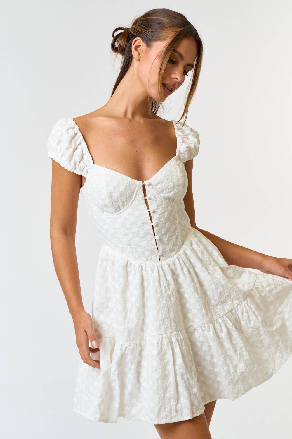 Blue Blush - COTTON EYELET PUFF SLEEVE BABYDOLL DRESS