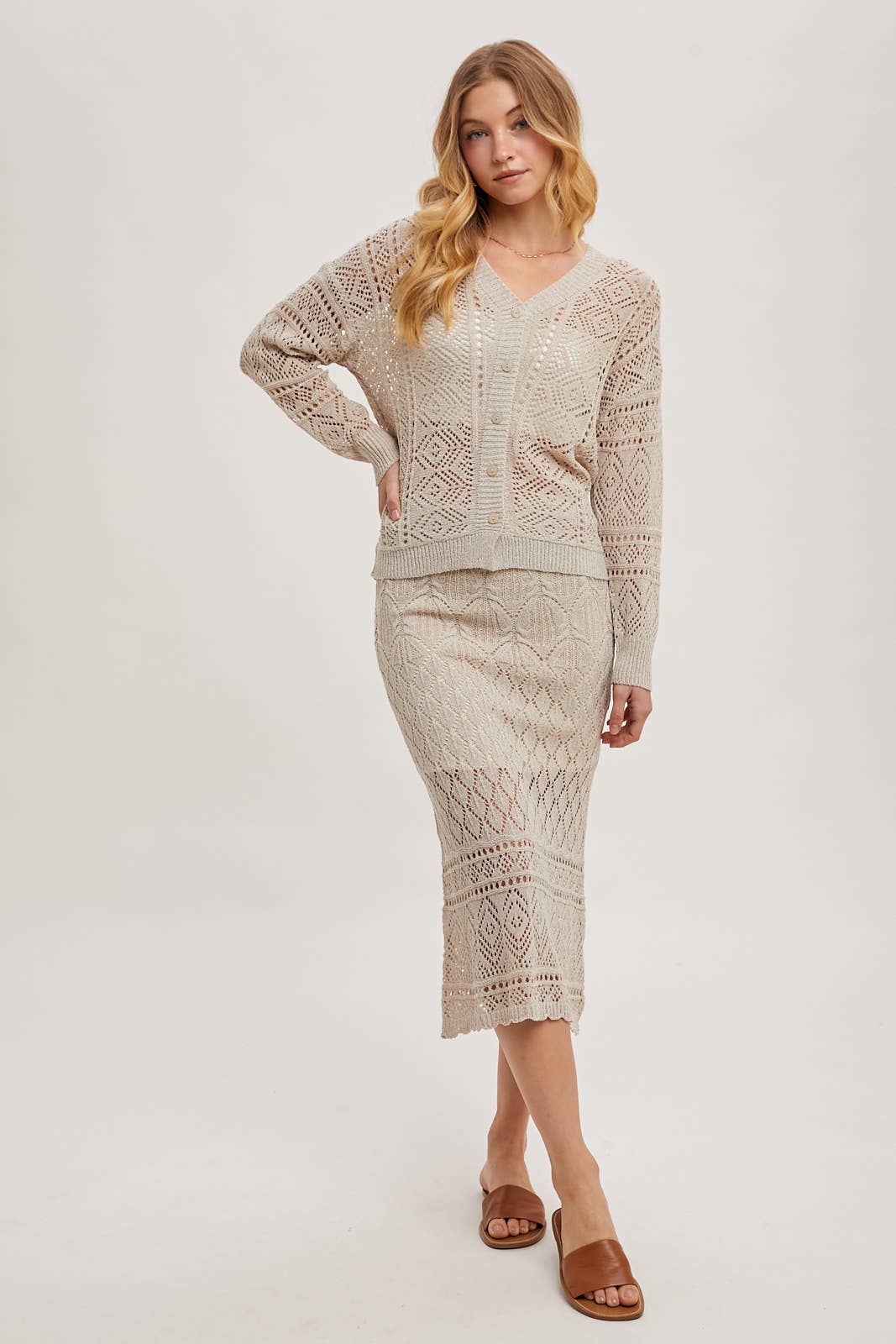 Bluivy - OPEN KNIT BUTTON DOWN V-NECK CARDIGAN