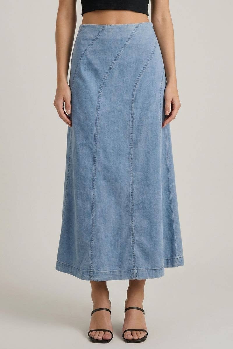 Doe and Rae - DENIM DIAGONAL LINE DETAIL MIDI SKIRT - 6640S