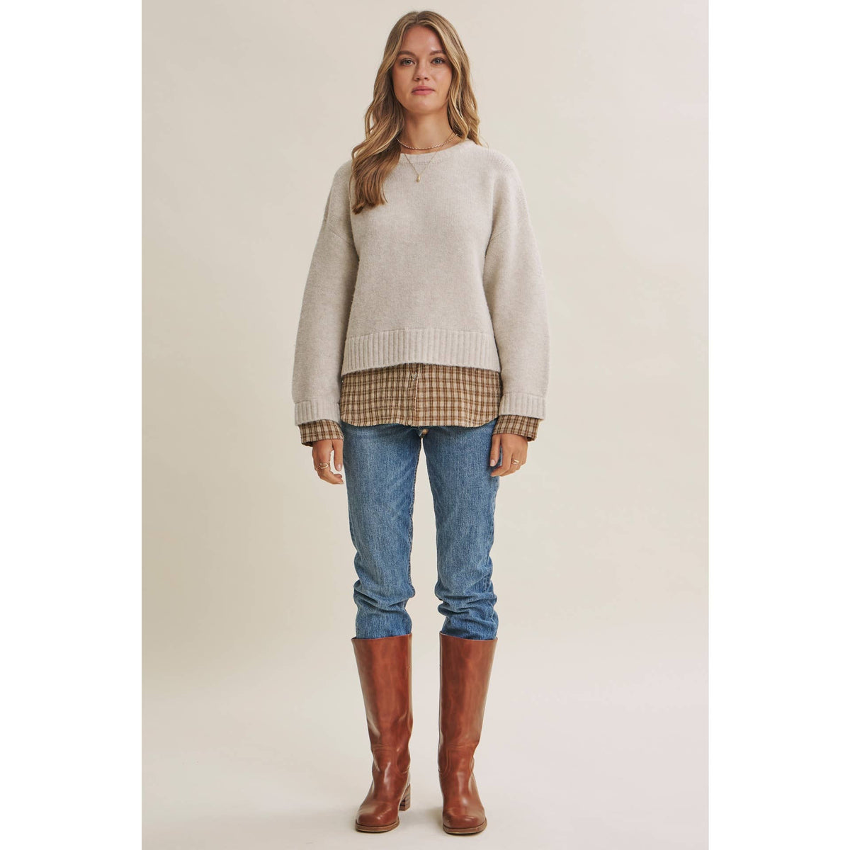in february - COUNTRY ROAD LAYERED PLAID HEM TWOFER SWEATER TOP