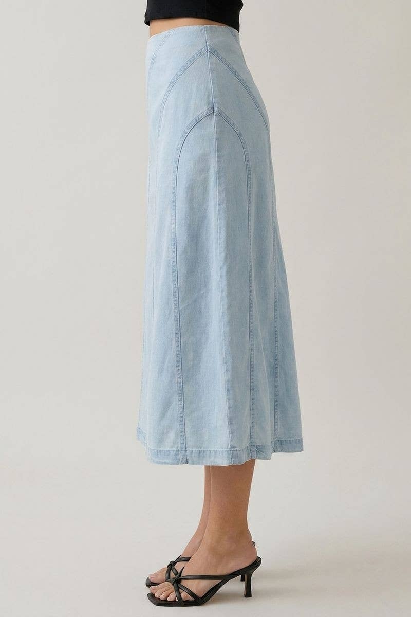 Doe and Rae - DENIM DIAGONAL LINE DETAIL MIDI SKIRT - 6640S
