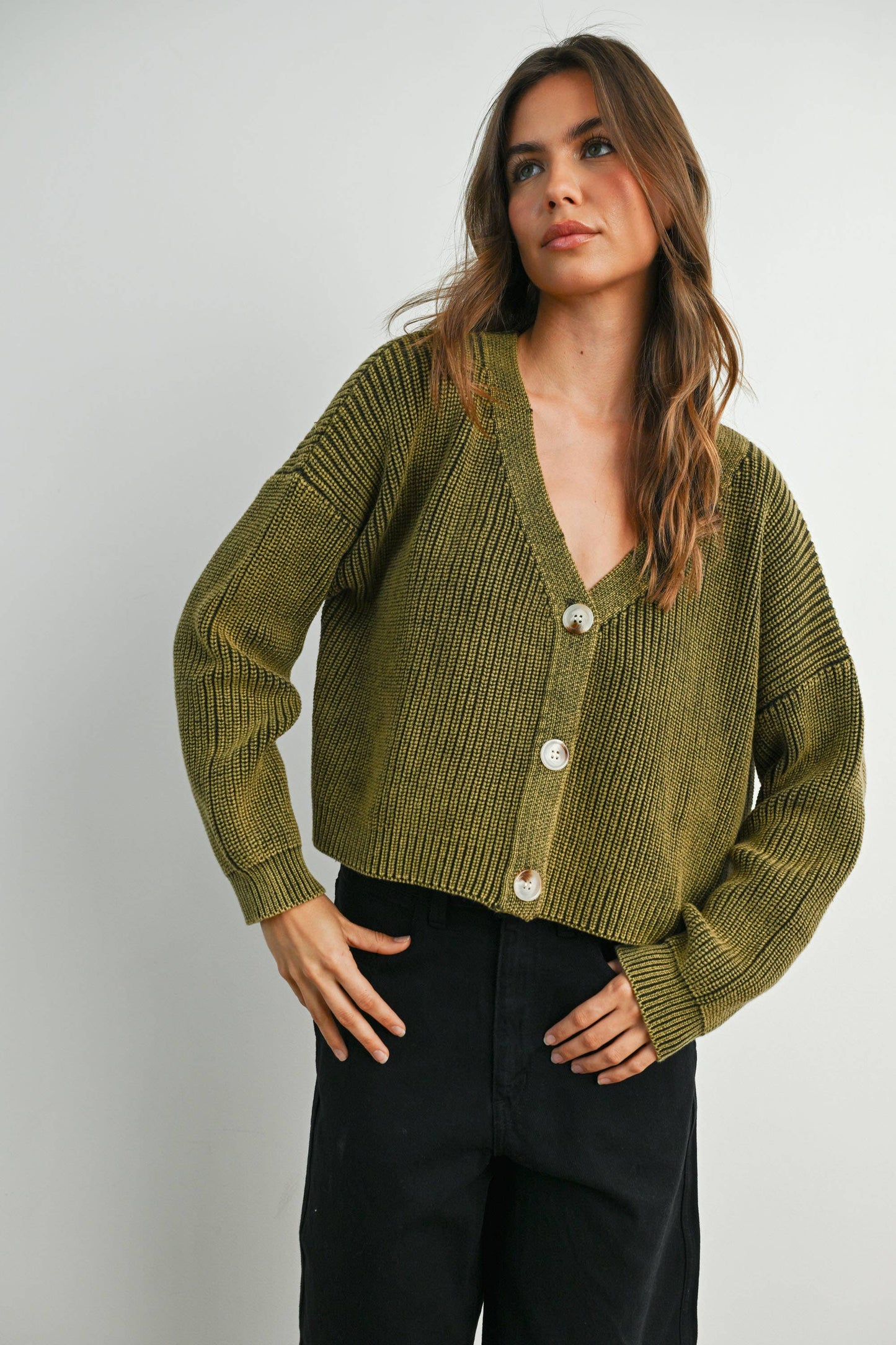 BUTTERMELON - V-Neck Buttoned Ribbed Long Sleeve Cardigan