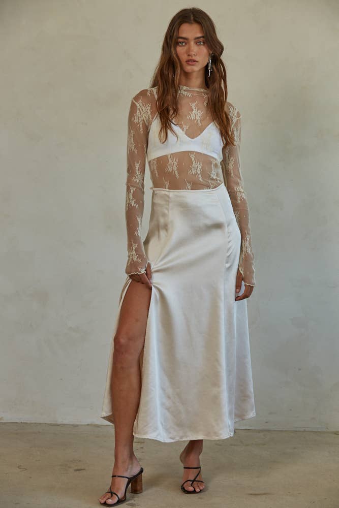 By Together - Knit Jacquard Lace Long Sleeve Mock Neck Top