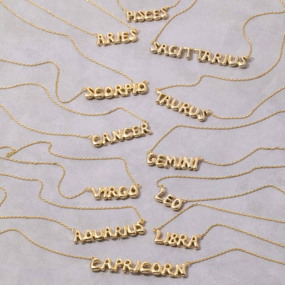 Fame Accessories - Gold Dipped Zodiac Bubble Letter Bar Necklace