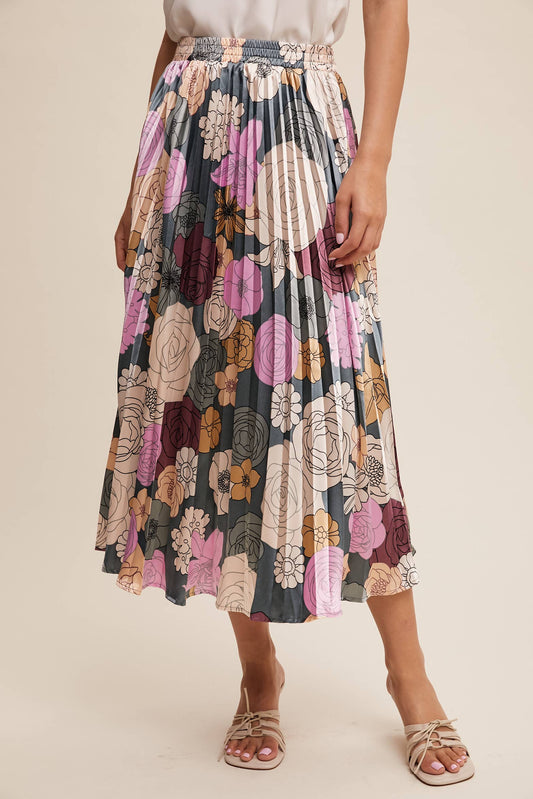 Listicle - Stretch Satin Pleated Floral Midi Skirt
