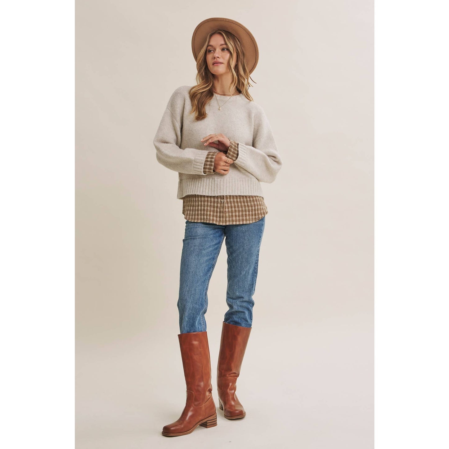 in february - COUNTRY ROAD LAYERED PLAID HEM TWOFER SWEATER TOP