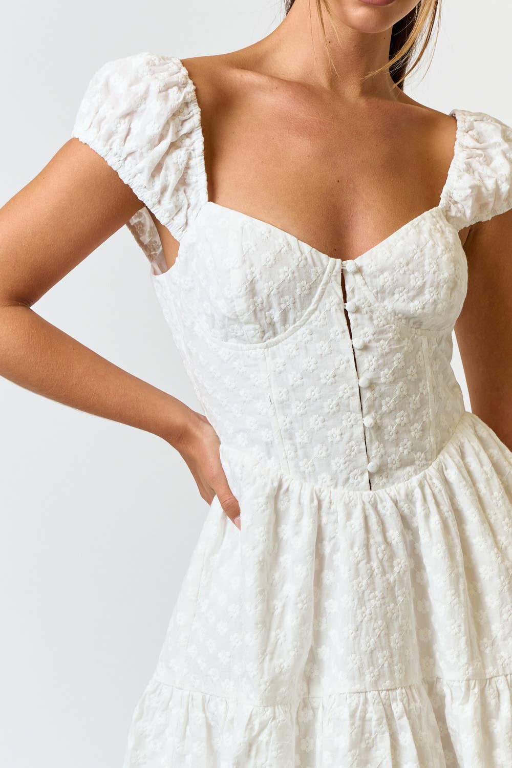 Blue Blush - COTTON EYELET PUFF SLEEVE BABYDOLL DRESS