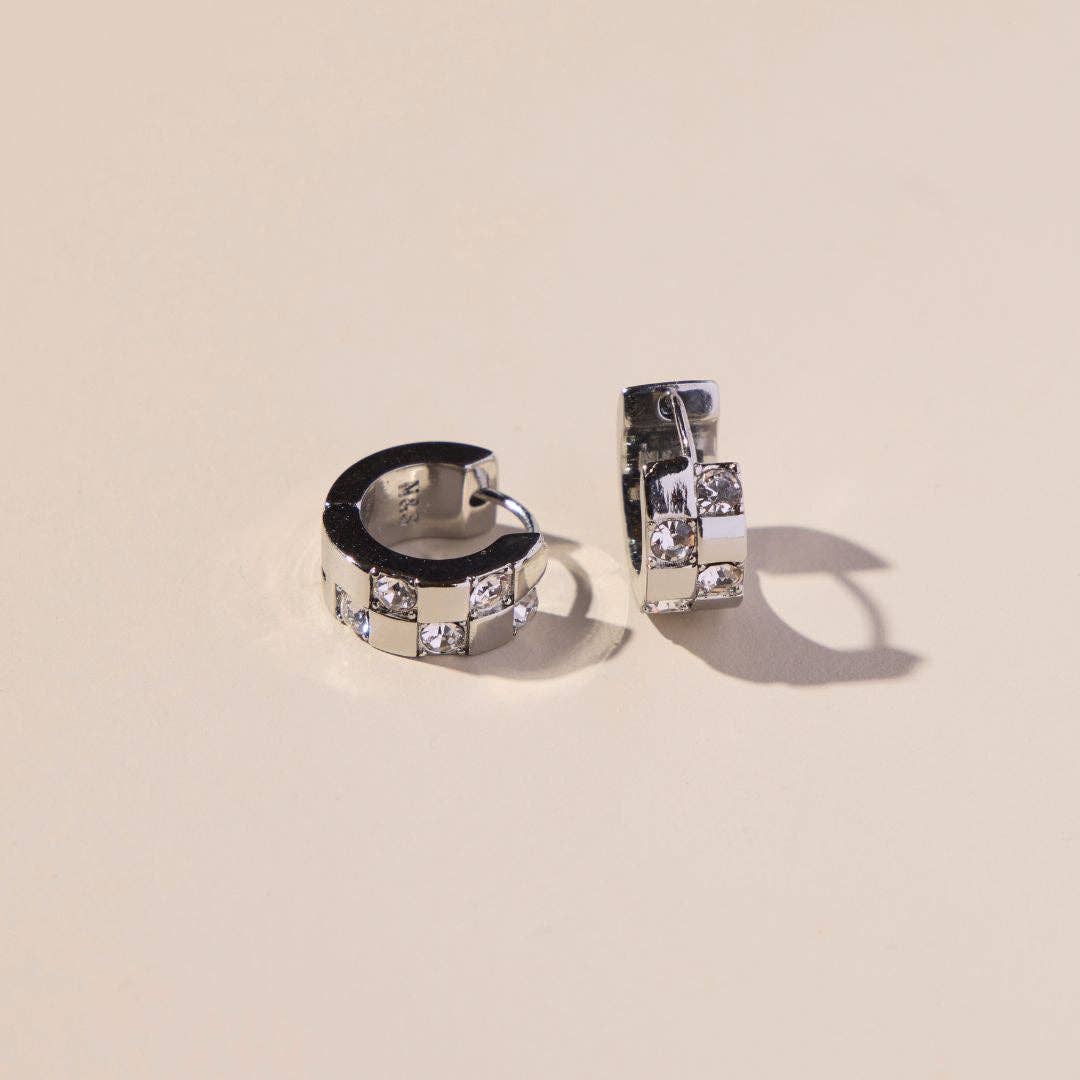 Nickel and Suede - Silver Pavé Checkered Huggies