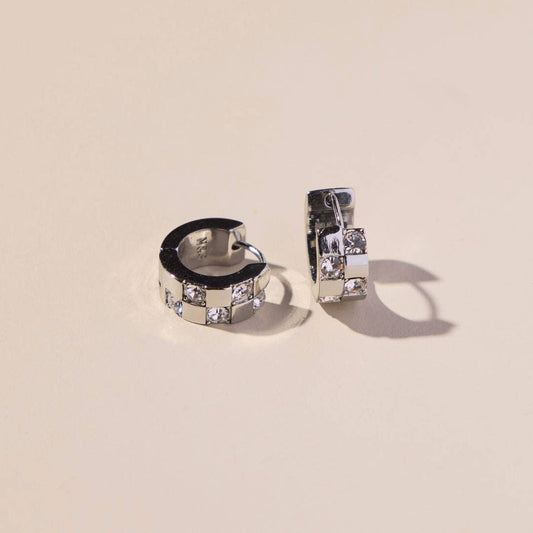 Nickel and Suede - Silver Pavé Checkered Huggies