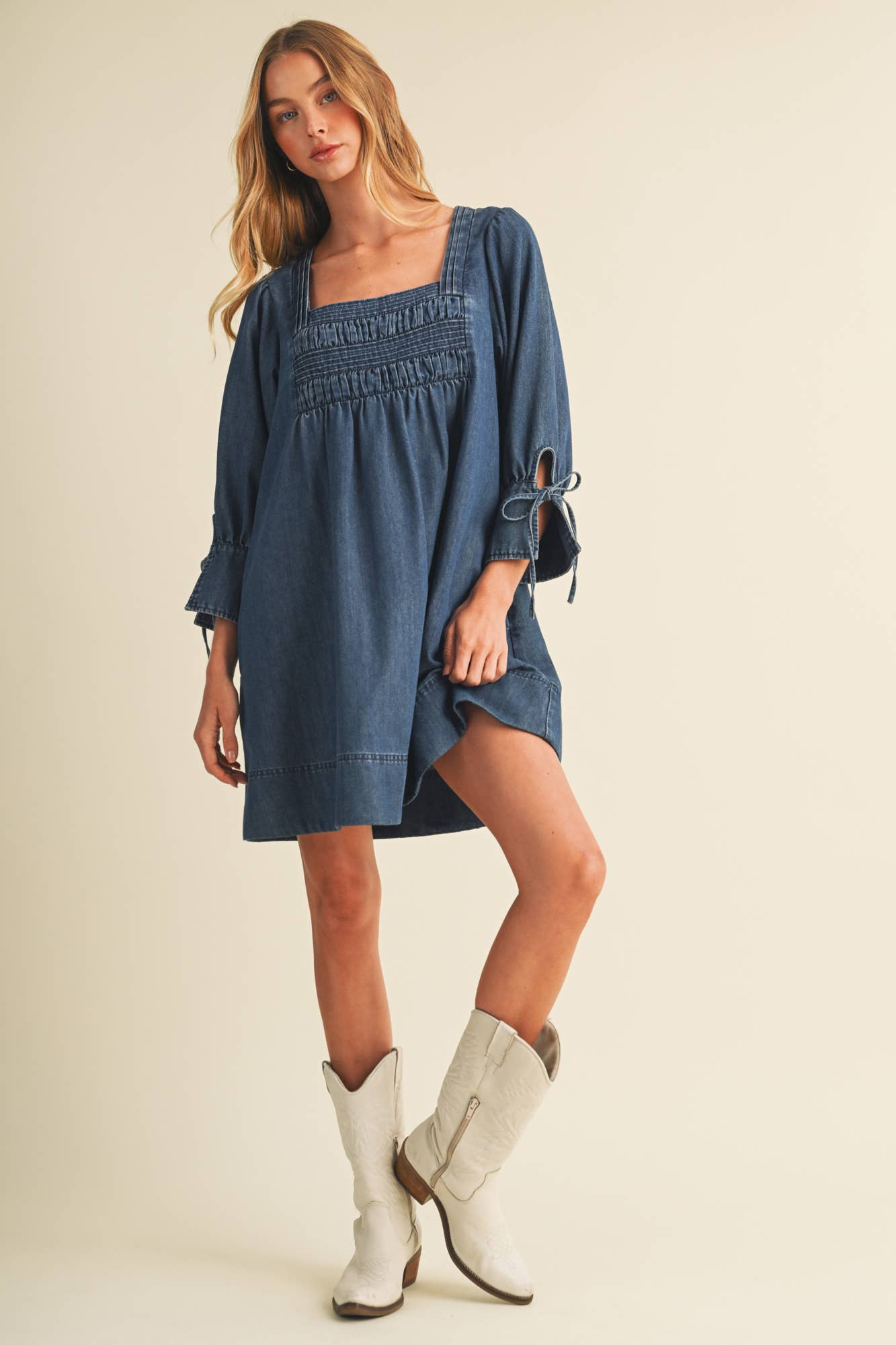 Mustard Seed - Square-Neck Smocked Denim Trapeze Dress
