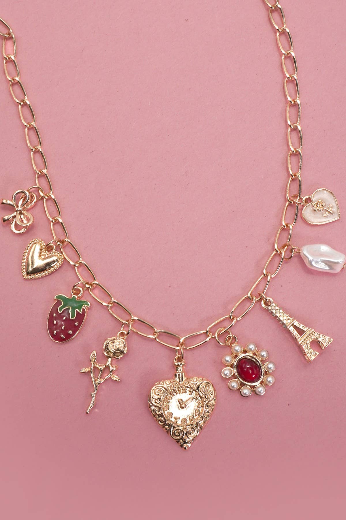 JOSSLYN by wall to wall - CHARM NECKLACE-HEART BOW ROSE STRAWBERRY EIFFEL