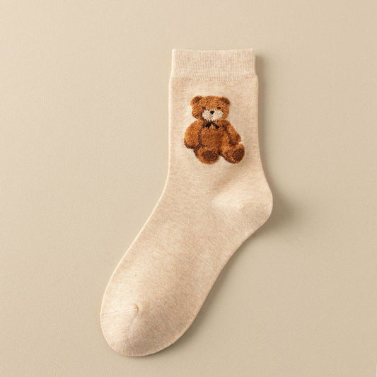 ACCITY - Cute Simple Brown Bear Pattern Crew Socks