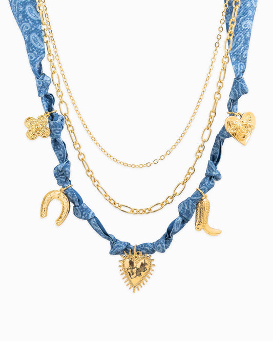 Sessori - 3 Layered Western Denim Bandana Scarf Necklace