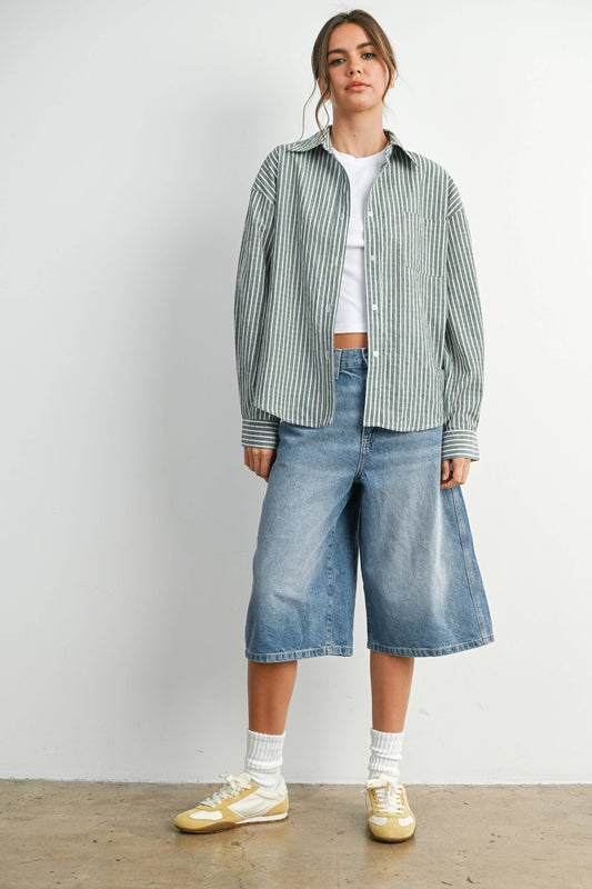 BUTTERMELON - Cropped Striped Button-Up Collared Long Sleeve Top