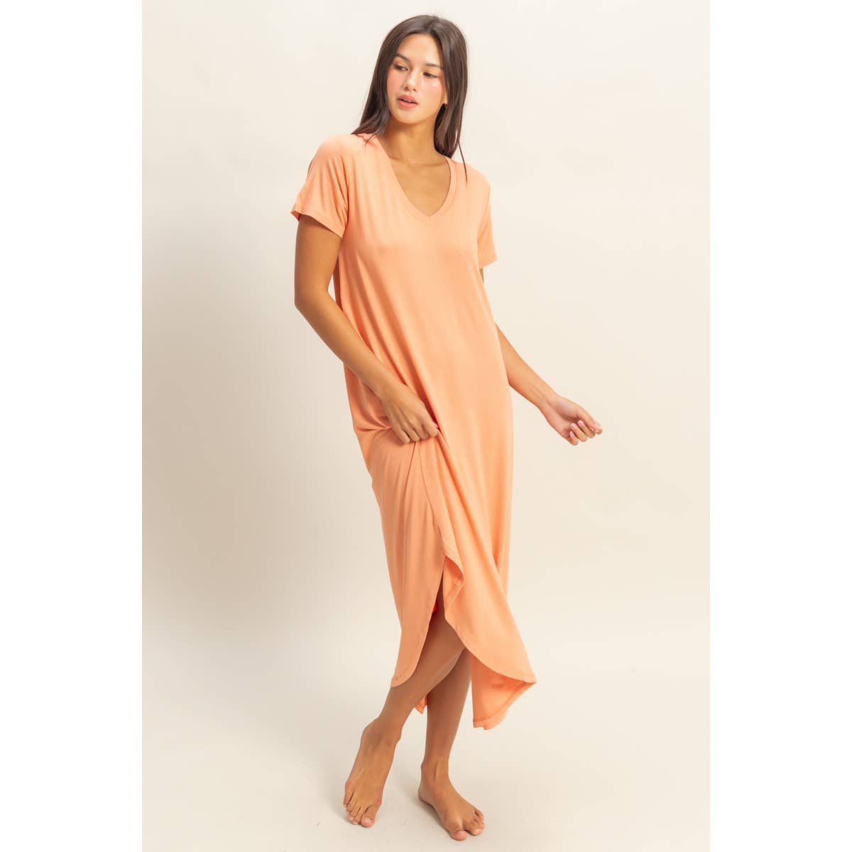 HYFVE-V-Neck Short Sleeve Midi Dress