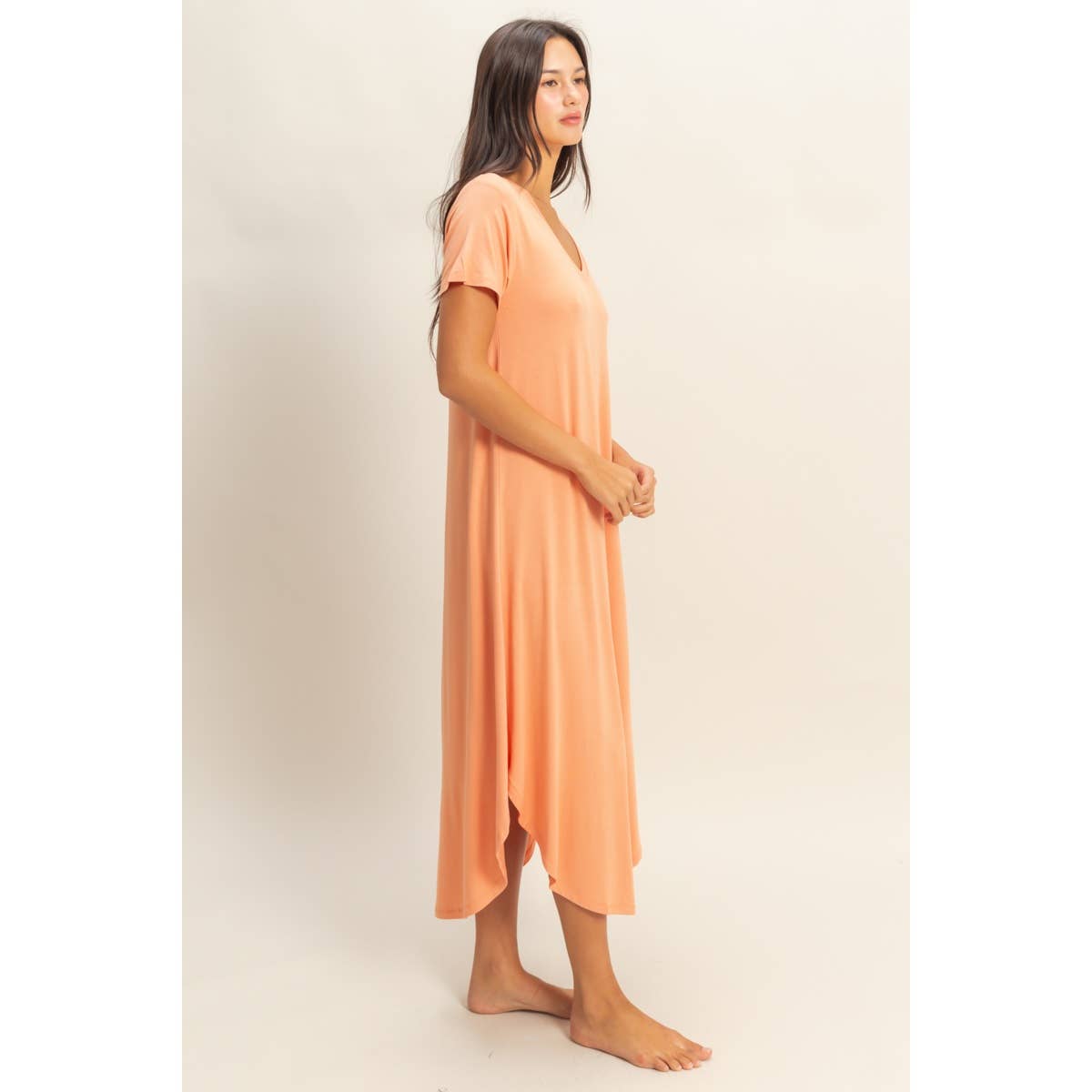 HYFVE-V-Neck Short Sleeve Midi Dress