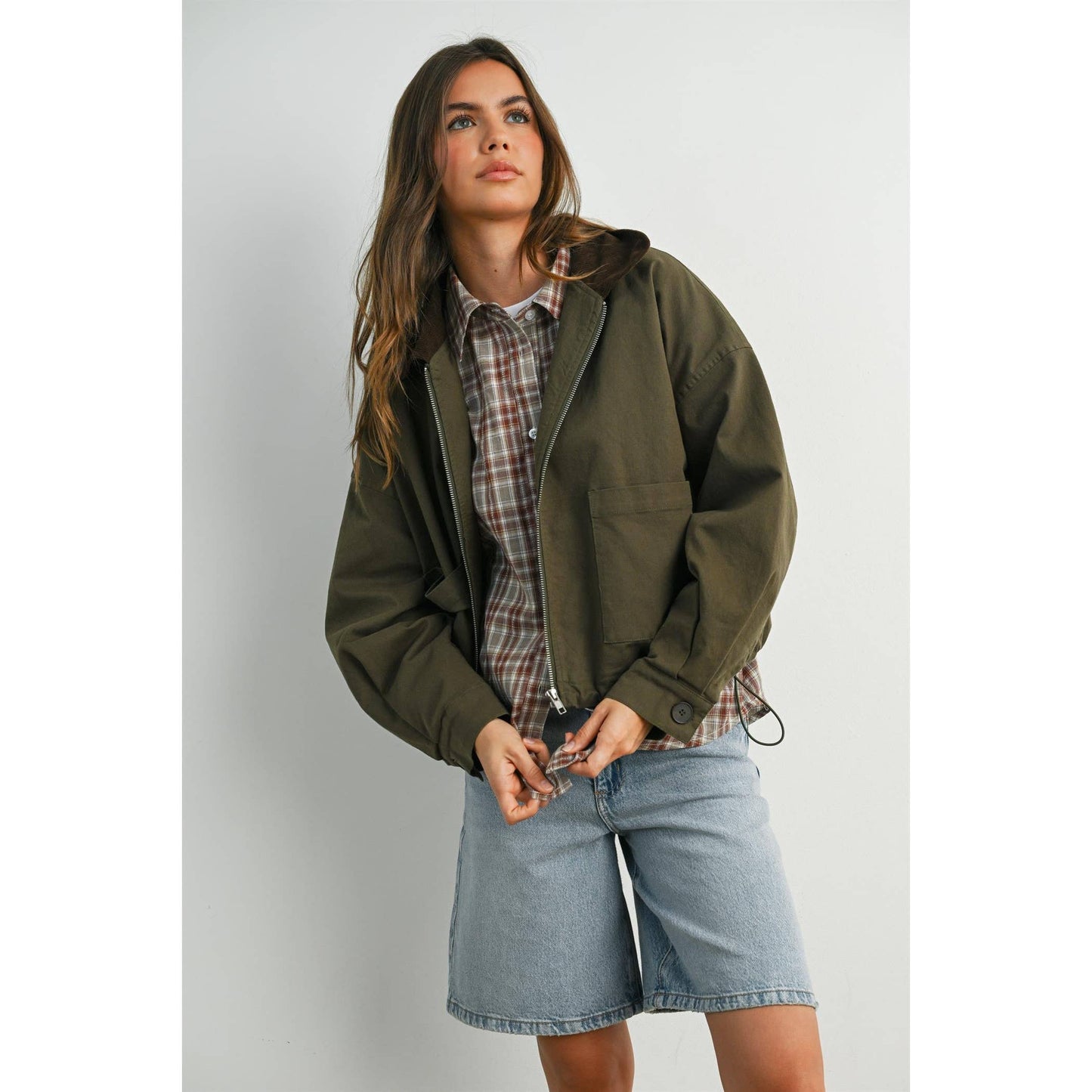 BUTTERMELON - Collared Zip-Up Drawstring Jacket