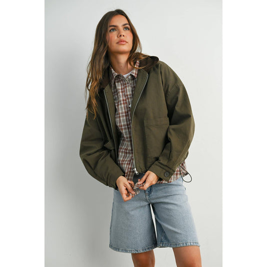 BUTTERMELON - Collared Zip-Up Drawstring Jacket