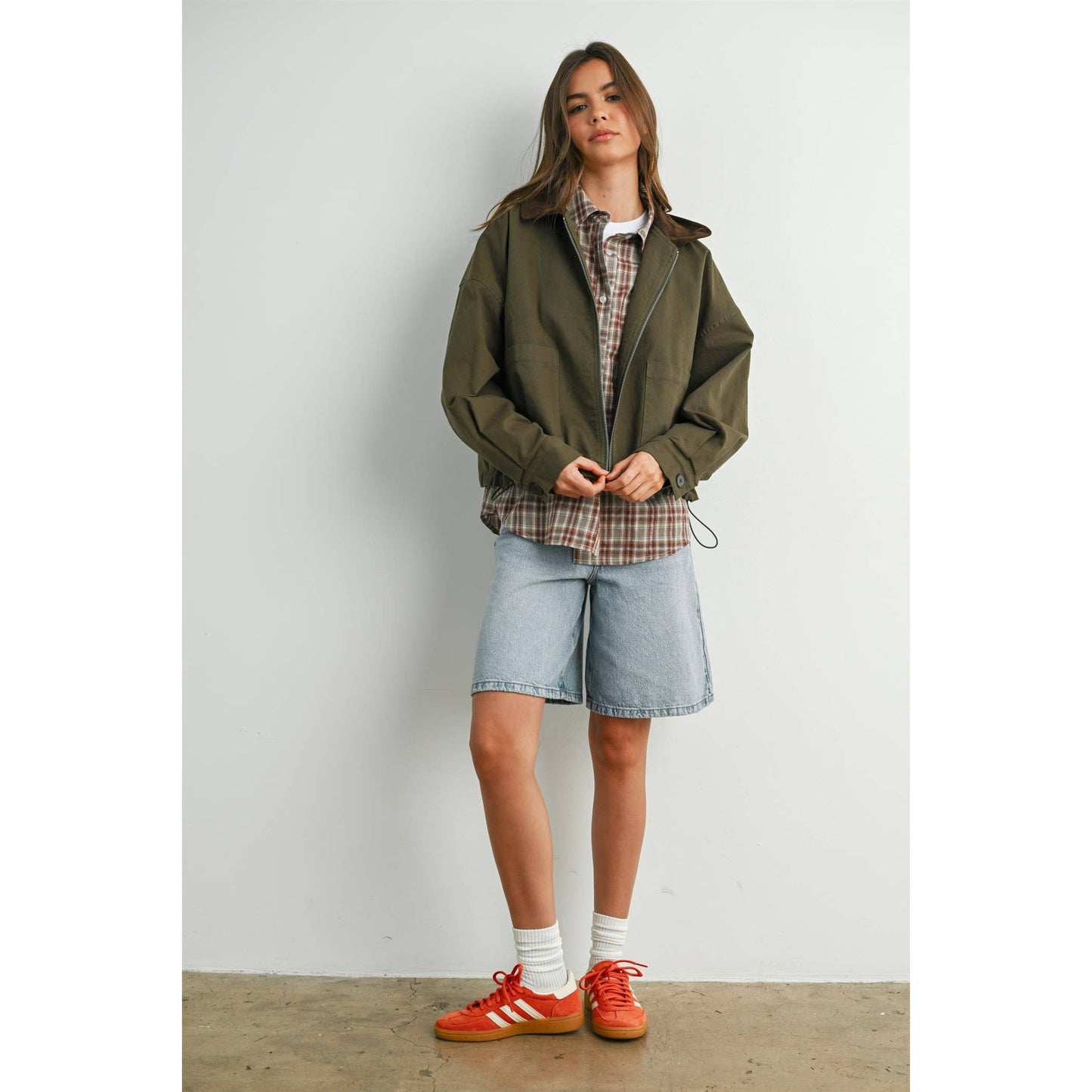 BUTTERMELON - Collared Zip-Up Drawstring Jacket