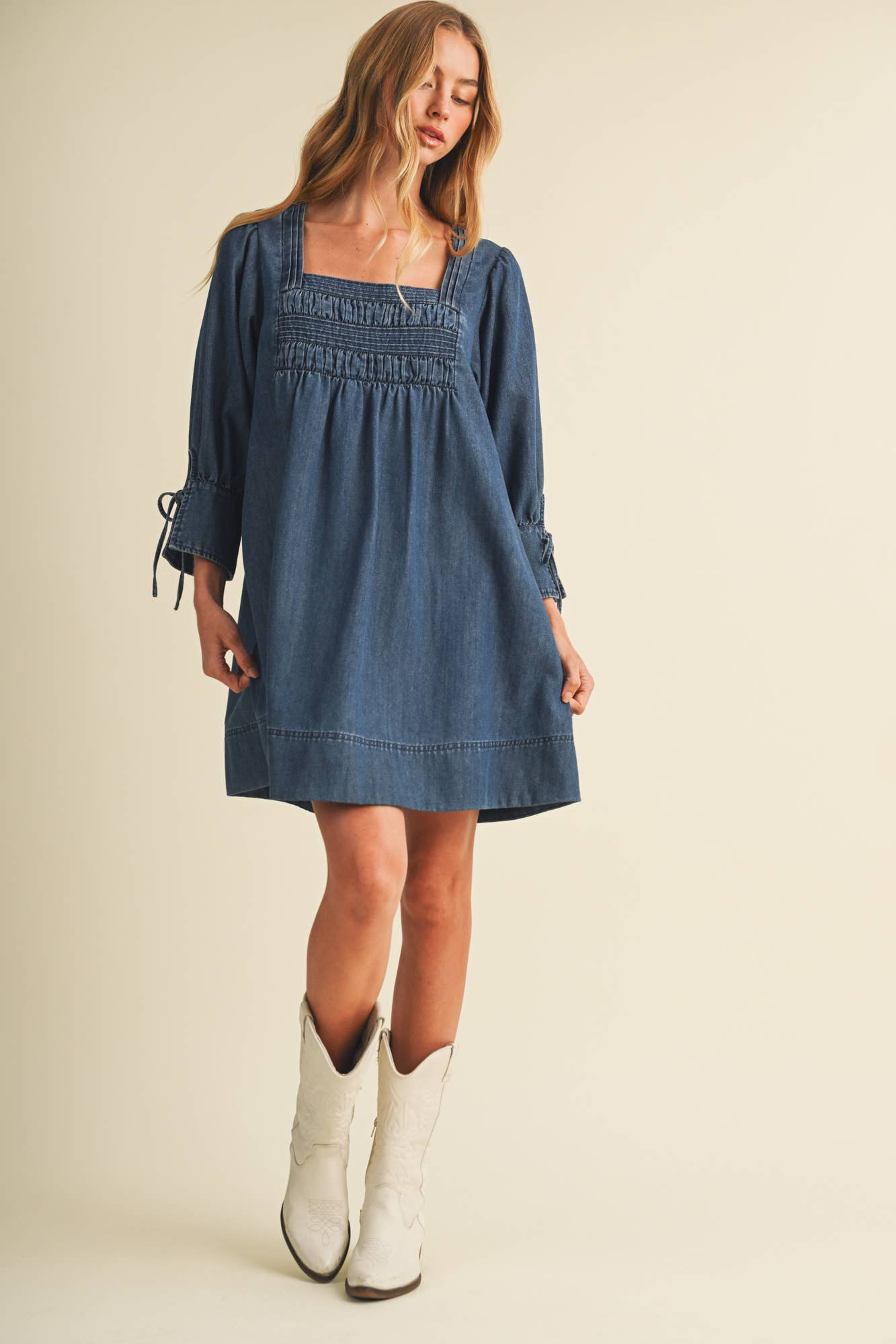 Mustard Seed - Square-Neck Smocked Denim Trapeze Dress