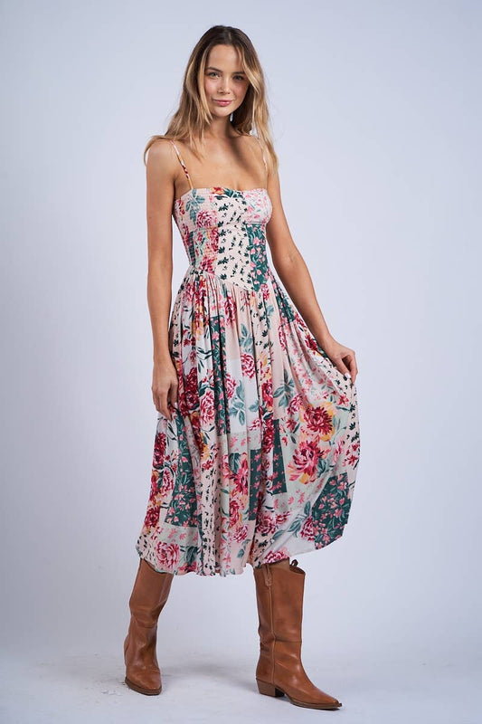 Sky to Moon - FLORAL PATCH PRINT SLEEVELESS SMOCKED MIDI DRESS