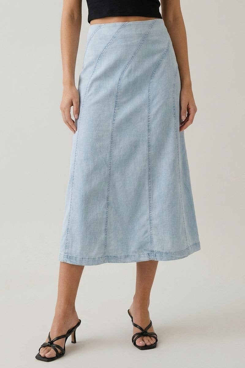 Doe and Rae - DENIM DIAGONAL LINE DETAIL MIDI SKIRT - 6640S